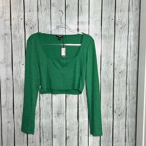 PrettyLittleThing Shape Green Khaki Rib Marl scoop neck long sleeve crop top 14